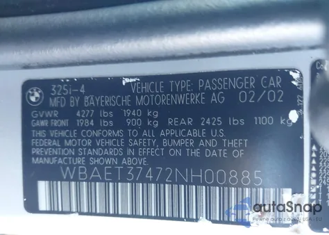 2002 BMW 325I z USA, uszkodzony, nr VIN WBAET37472NH00885